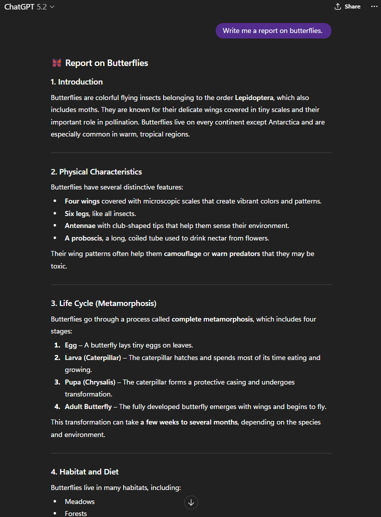 ChatGPT immediately writes a full report on butterflies
