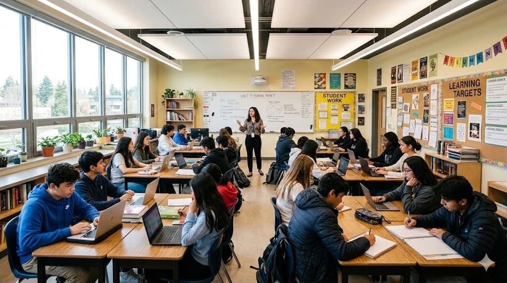 Busy classroom with students working on laptops while teacher instructs