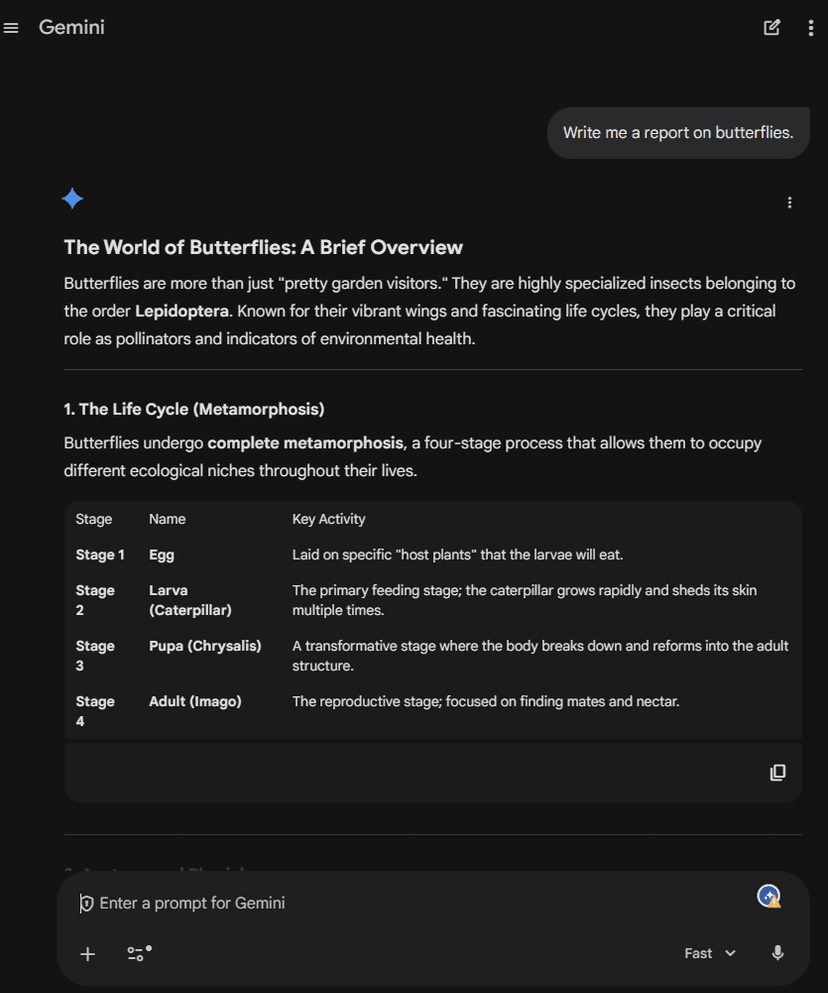 Gemini writes a formatted report with tables about butterflies