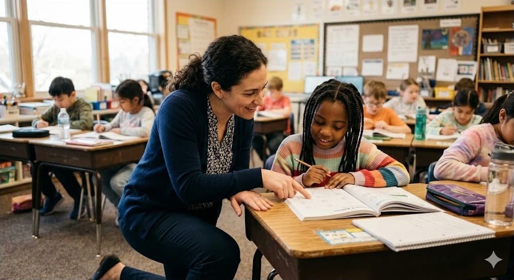 Teacher kneeling beside a student for one-on-one guidance