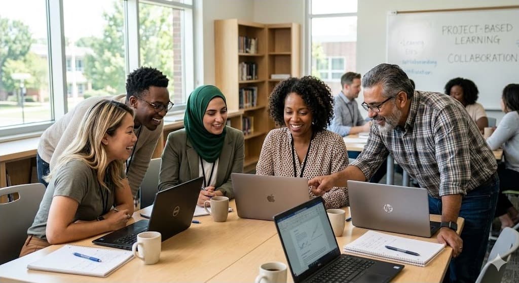 Diverse group of teachers collaborating around laptops in a professional development session